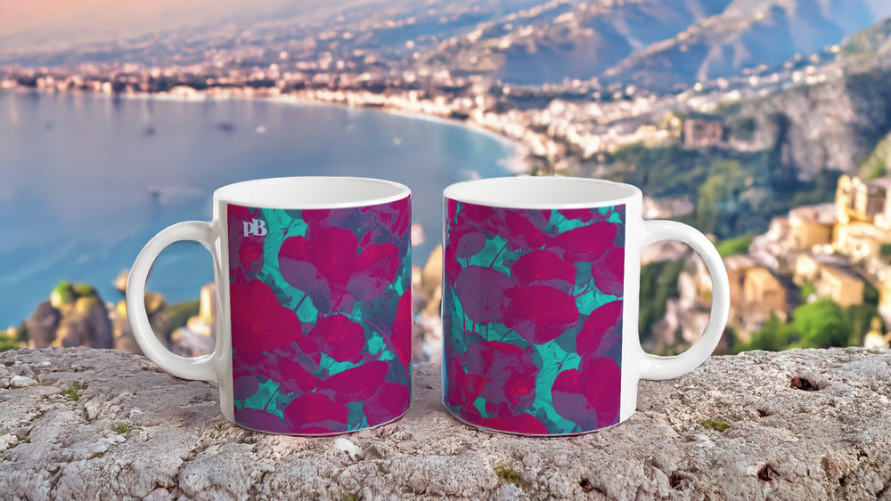 CAPUCINES 13 RASPBERRY-TEAL_White 11oz (32 cl) Ceramic Mug - PBDesigns