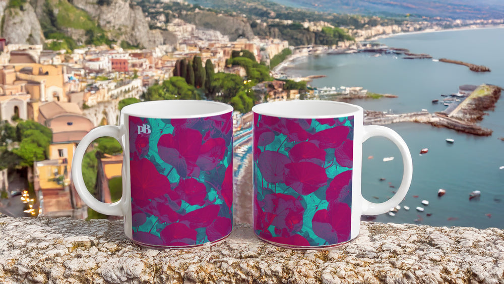 CAPUCINES 13 RASPBERRY-TEAL_White 11oz (32 cl) Ceramic Mug - PBDesigns